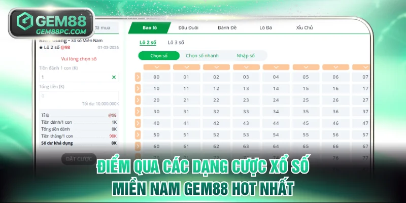 Điểm qua các dạng cược xổ số miền Nam Gem88 hot nhất