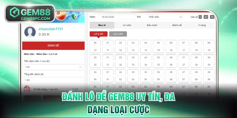 Đánh lô đề GEM88 uy tín, đa dạng loại cược